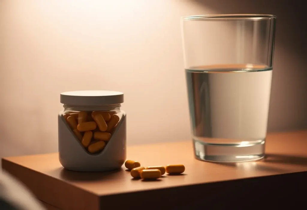 Un petit pot en céramique rempli de gélules probiotiques sur une table de nuit près d'un verre d'eau