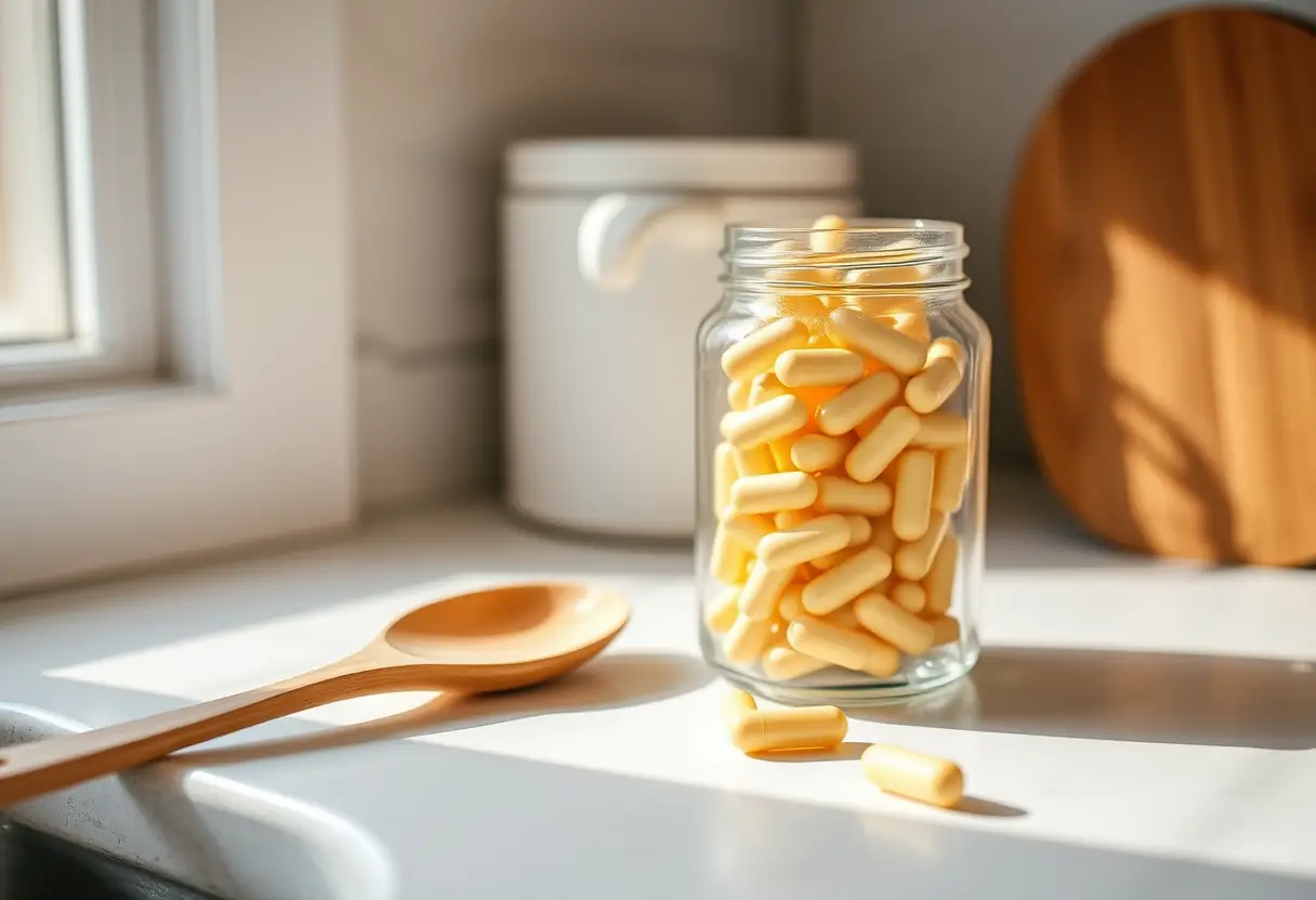 Alternative texte : une cuillère posée près d'un pot de comprimés probiotiques, illustrant la routine quotidienne de soins personnels.