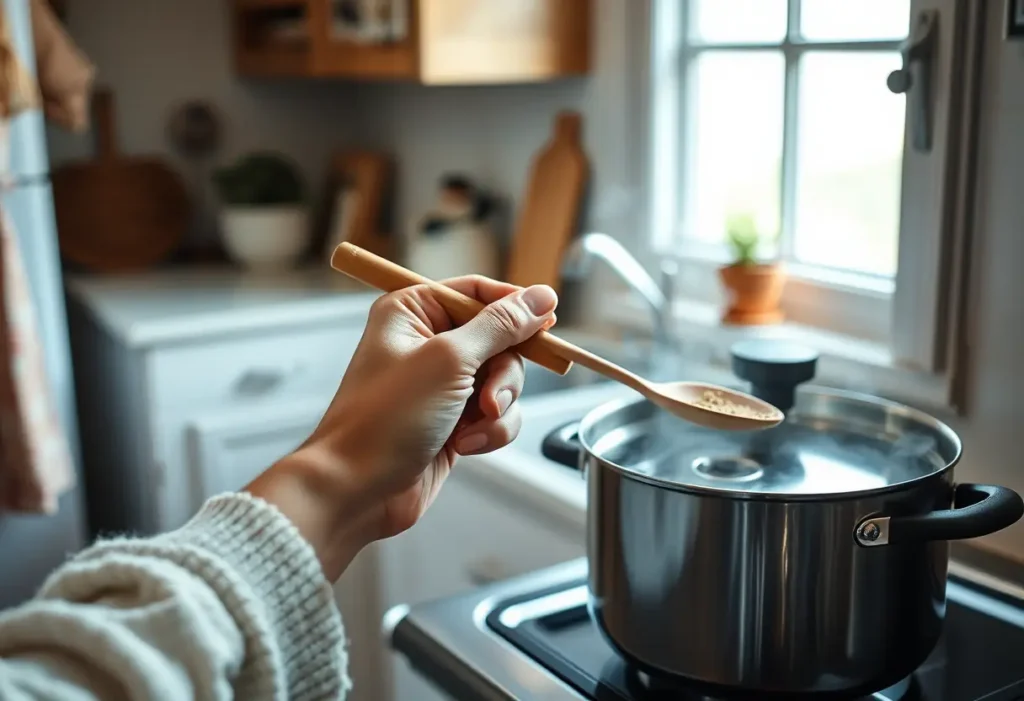 Une main verse du thé aux herbes dans une cuisine accueillante, favorisant le bien-être et la sérénité