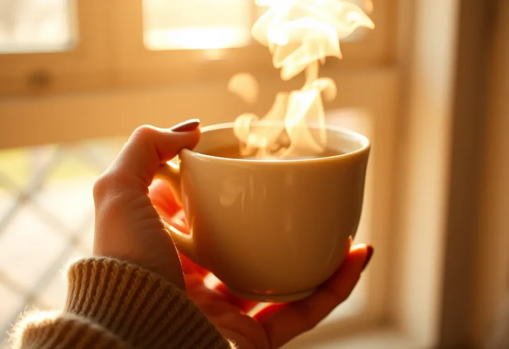 Une main tenant une tasse de thé chaud, évoquant sérénité et bien-être
