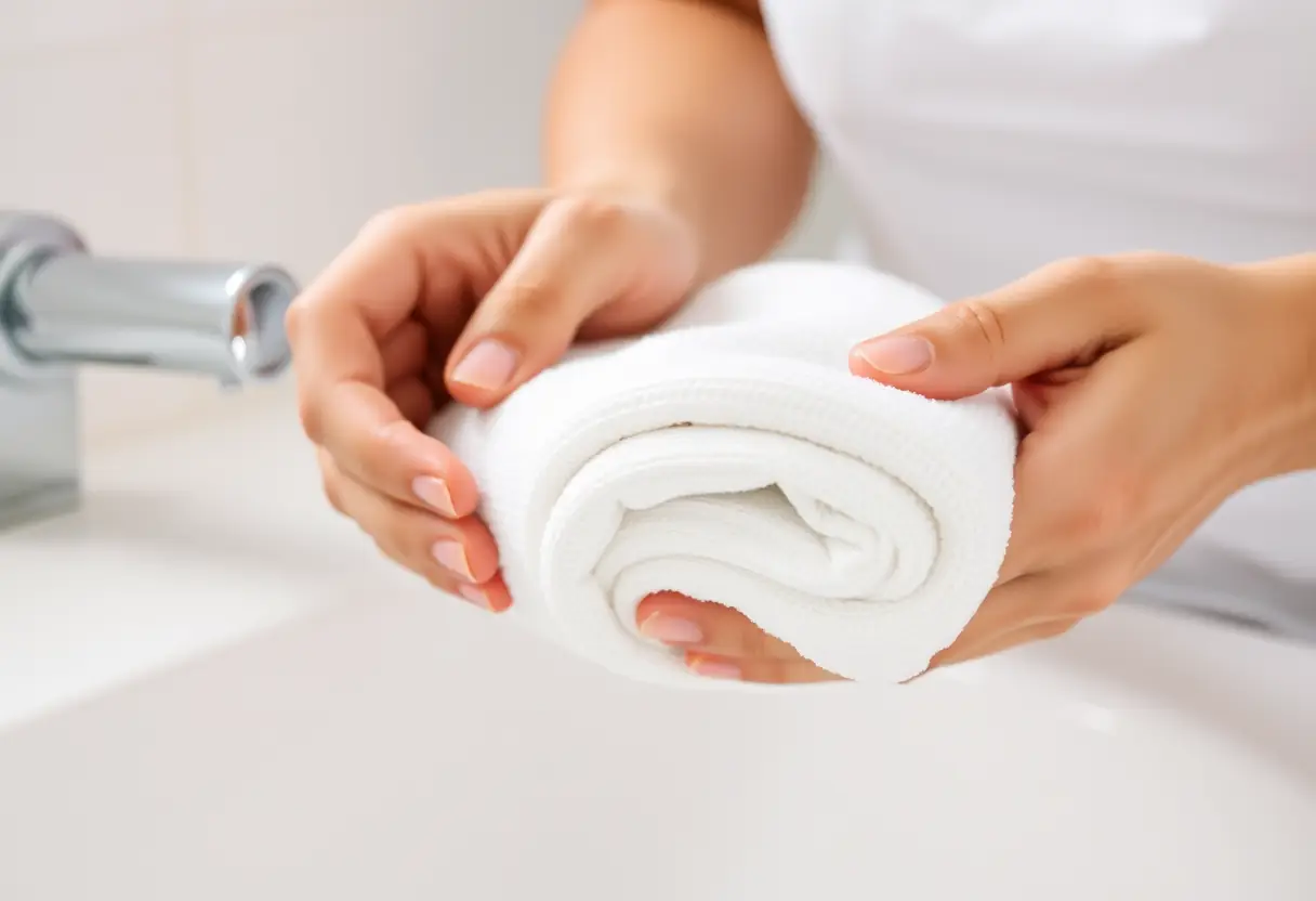 Des mains soigneusement pliant une serviette blanche, symbolisant l'importance de l'hygiène