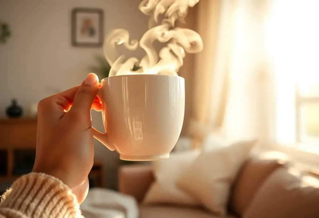 Une main féminine tient une tasse de thé chaud dans une pièce accueillante