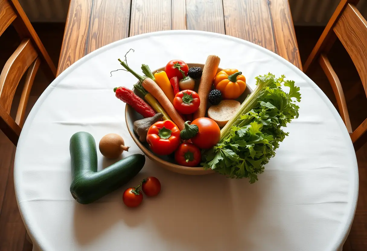 Un plateau de légumes frais sur une table avec une toile blanche, symbole de bien-être