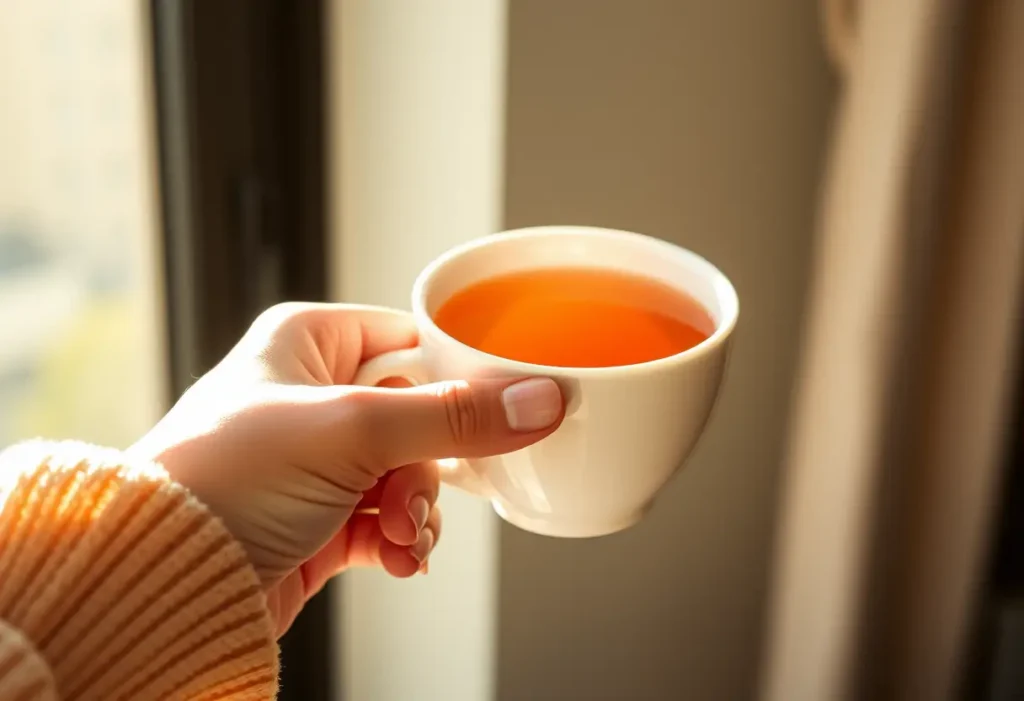 Une main féminine tenant une tasse de thé chaud, lumière naturelle apaisante