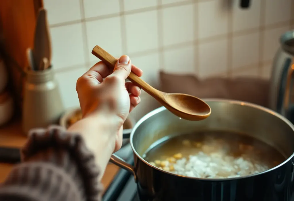 Une main féminine tient délicatement une cuillère en bois au-dessus d'une marmite dans une cuisine accueillante
