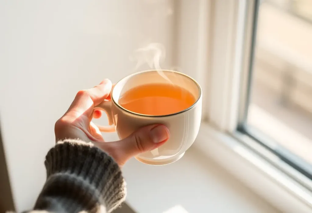 Une main tenant une tasse de thé herbeux chaude, éclairée par la lumière du soleil, symbolisant le soin de soi