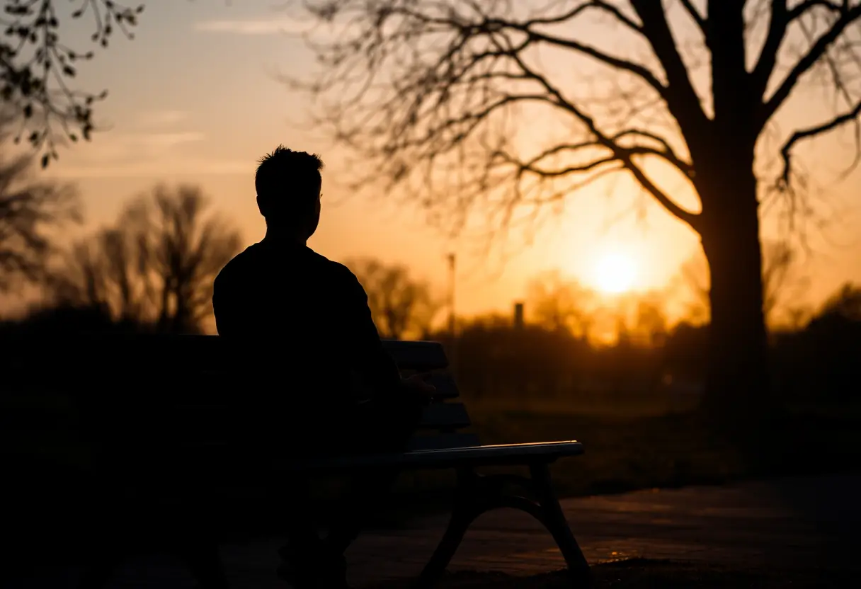 Un profil d'une personne méditant sur un banc de parc au coucher du soleil, mettant en valeur la sérénité du moment