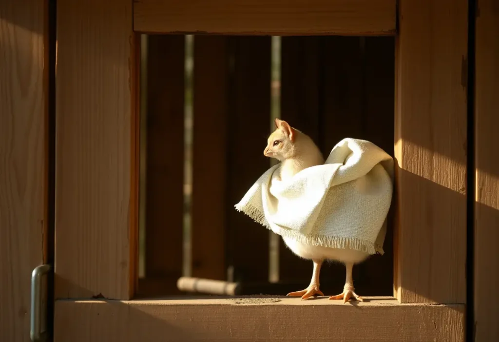 Un cataplasme posé délicatement sur la porte d'une poulaie, favorisant le bien-être des poules