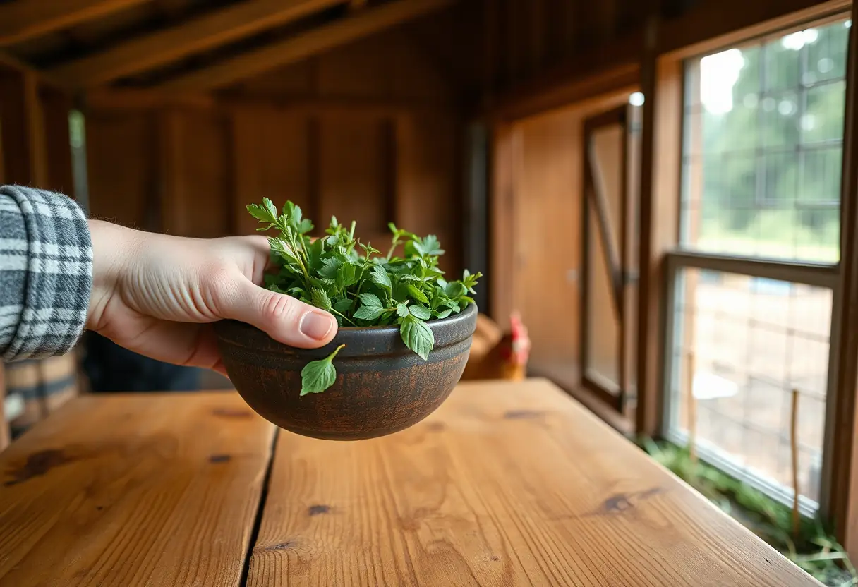 Une main tenant un bol rempli d'herbes vertes dans une poulaie rustique, pour le traitement naturel des poules