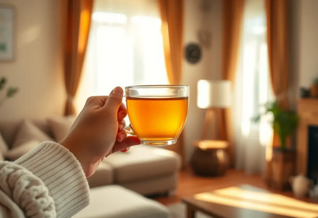 Une main féminine tient une tasse de thé chaud dans un salon accueillant, favorisant la sérénité et le bien-être