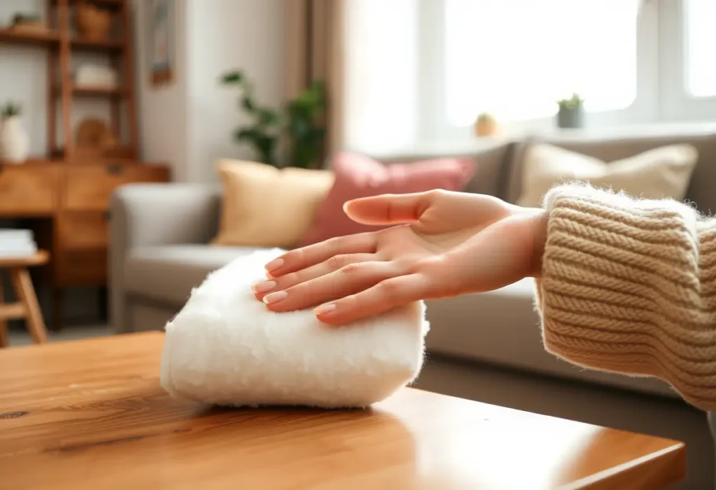 Une main féminine tient doucement un tampon en coton posé sur une table en bois dans un salon accueillant