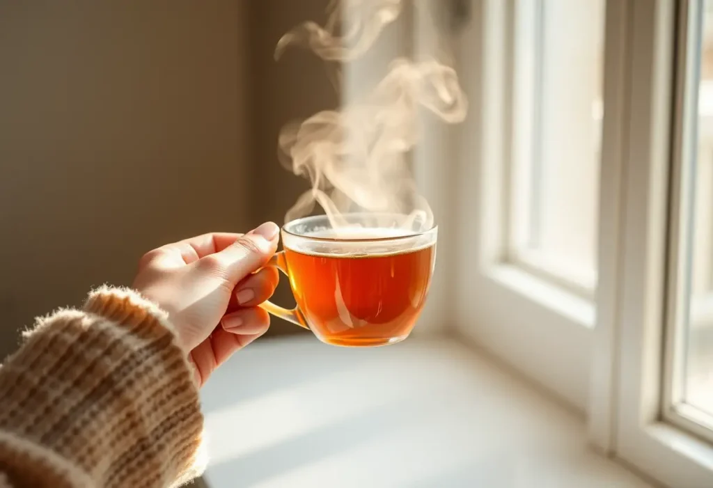 Une main tenant une tasse de thé chaud émettant de la vapeur apaisante