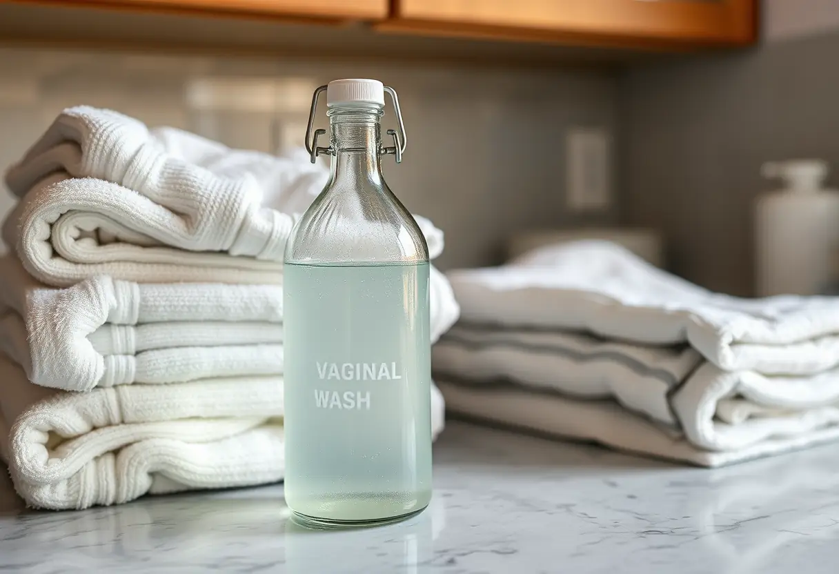 Un plan de travail de cuisine avec une bouteille de nettoyage intime maison et des serviettes propres