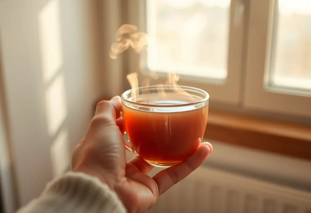 Une main tenant une tasse de thé herbagé chaude, éclairée par la lumière du jour, symbolisant le bien-être et l'auto-acceptation