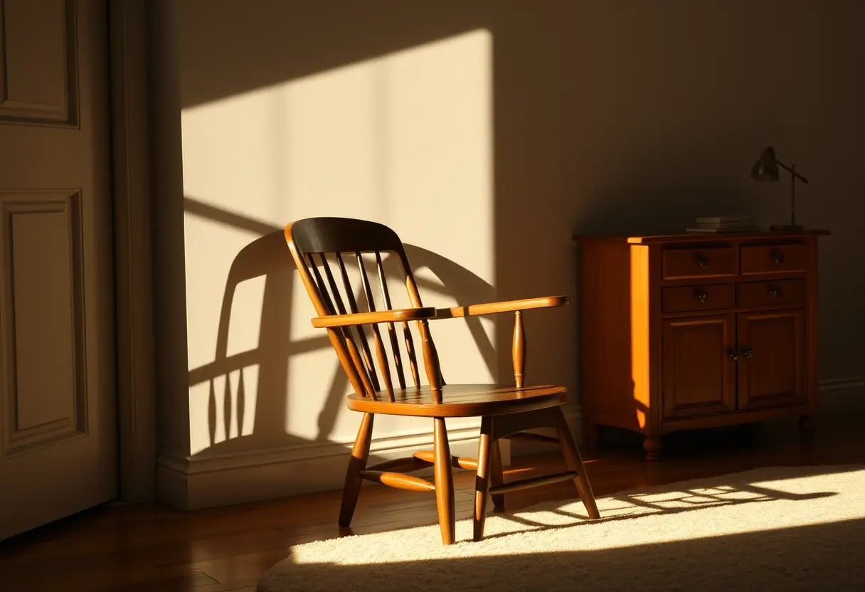 Un fauteuil en bois dans un salon, éclairé par la lumière de l’après-midi, mettant en valeur la simplicité de la vie à la maison et la réflexion personnelle