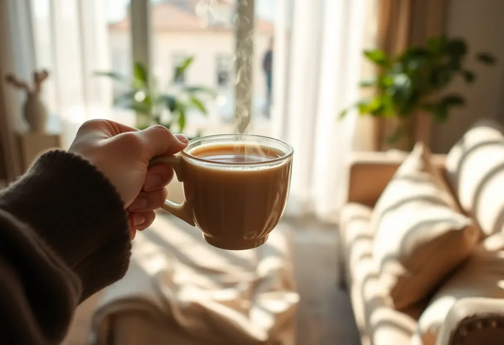 Une main tenant une tasse de thé herbeux dans un salon accueillant, favorisant la détente et l'estime de soi