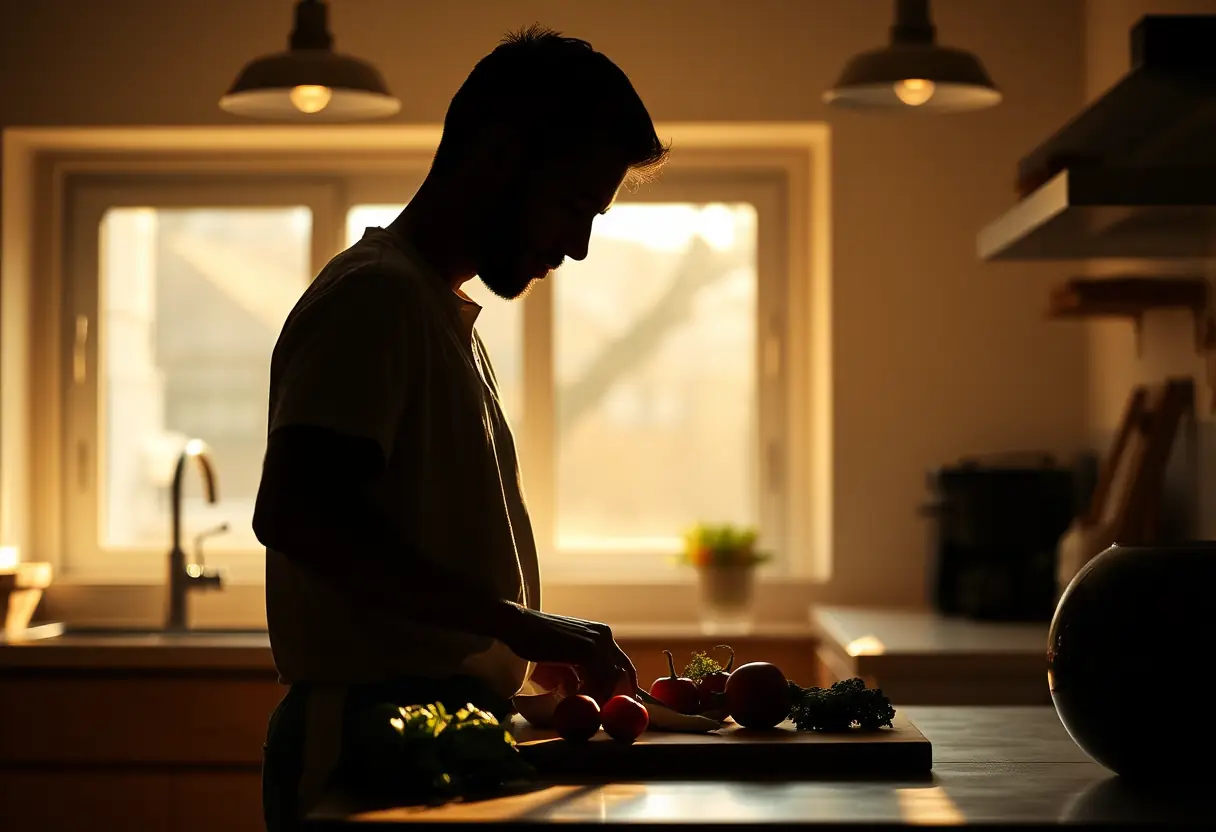 Silhouette d'une personne préparant des légumes dans une cuisine, mettant en valeur l'importance du bien-être physique