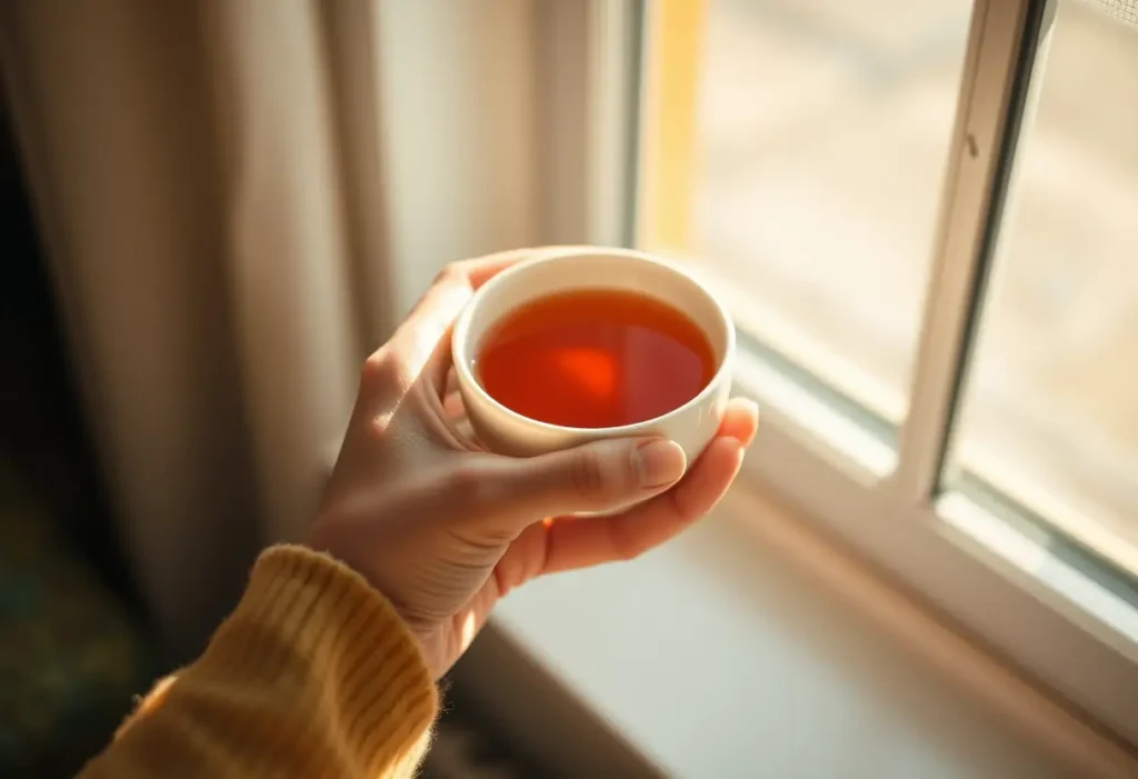 Une main féminine tenant une tasse de thé chaud, symbolisant le bien-être et la prise en charge de sa santé.