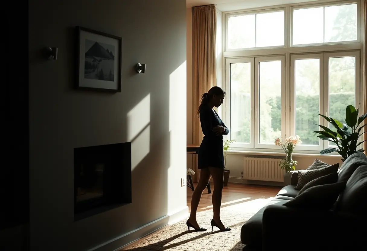 Un profil flou d'une femme se tenant dans un salon accueillant, éclairé par la lumière naturelle, représentant la force intérieure et la réflexion personnelle.