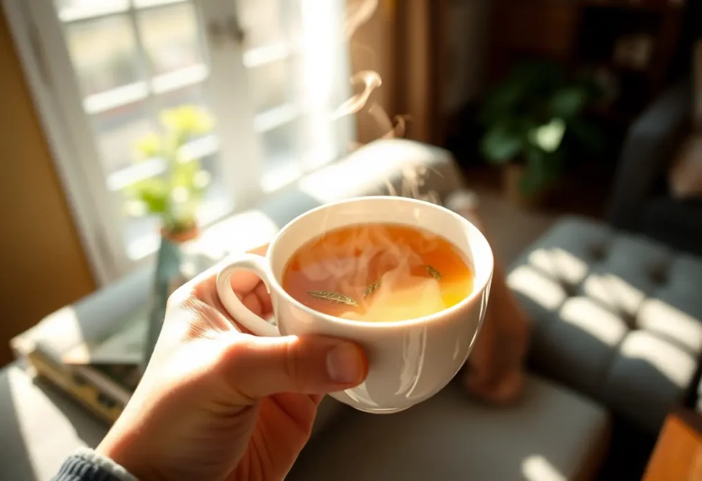 Une main tenant une tasse de thé chaud aux herbes, éclairée par la lumière du soleil qui filtre à travers une fenêtre, rappelant la douceur de la prévention des mycoses.