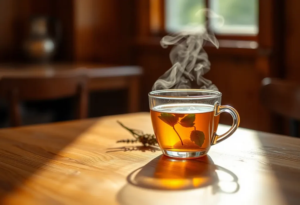 Tasse de thé herbeux sur une table en bois, lumière chaude, ambiance accueillante