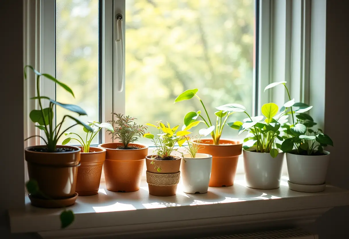 Un rebord de fenêtre garni de plantes en pots en train de pousser
