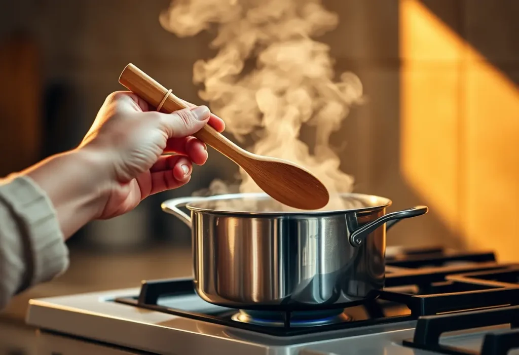 Une main tient une cuillère en bois au-dessus d'une casserole sur un fourneau, illustrant la charge mentale dans la cuisine.