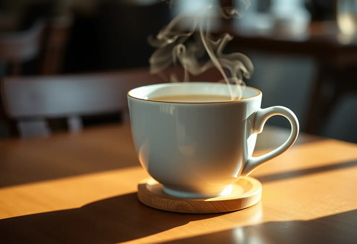 Une tasse en porcelaine remplie de thé fumant posée sur un plateau en bois, éclairée par une lumière douce