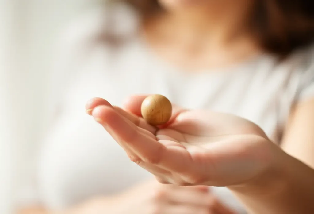 Une main féminine tenant un petit perle en bois, symbole du début de la rééducation périnéale.