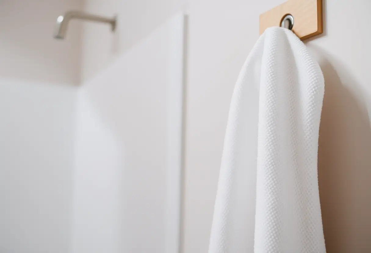Un essuie-main blanc accroché à un crochet en bois dans une salle de bain, symbole d'hygiène pendant la rééducation.
