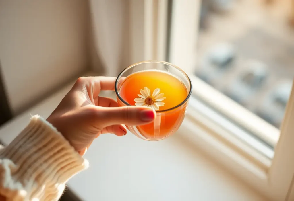 Une main féminine tenant une tasse de thé aux fleurs de sureau, la lumière chaude qui filtre par la fenêtre