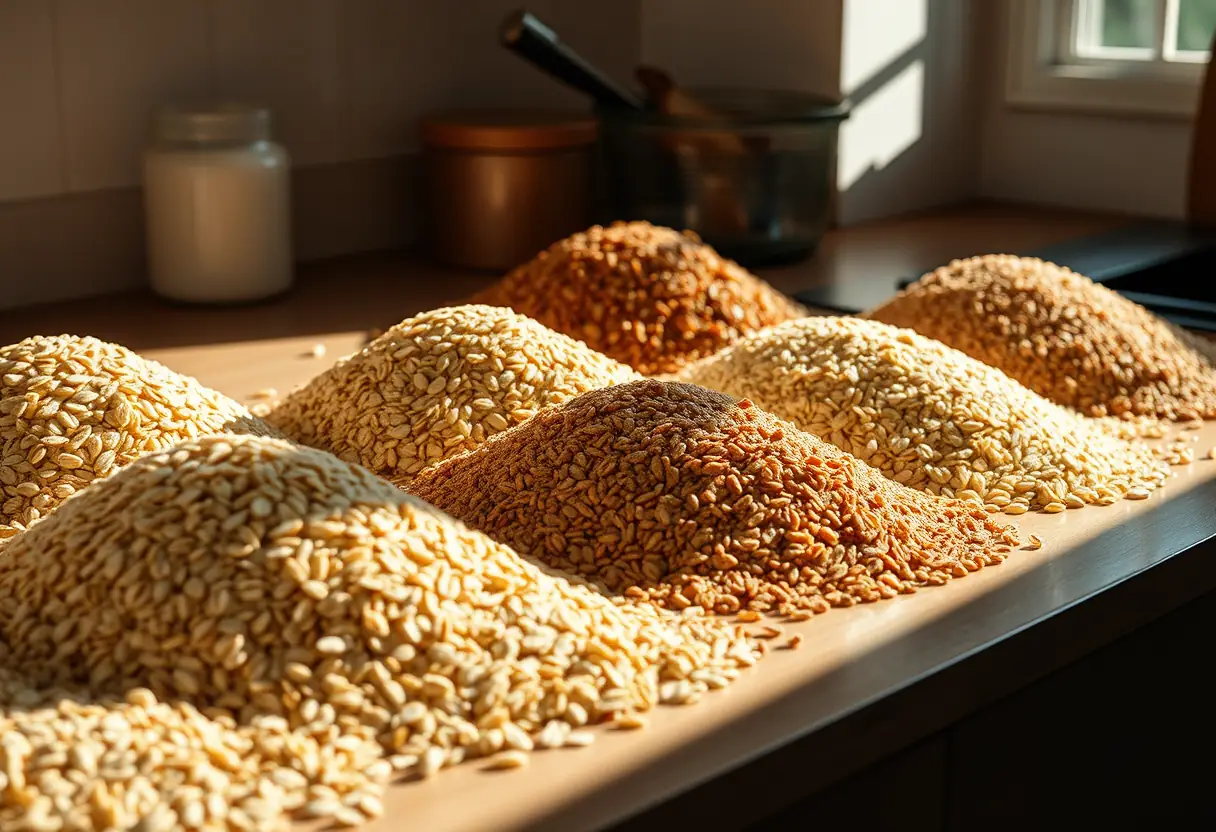 Un plan de travail de cuisine rempli de céréales complètes disposées en petites piles