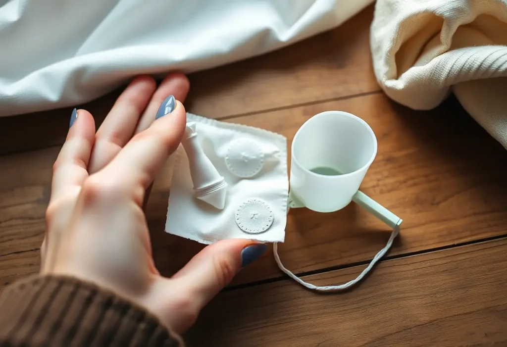 Main de femme tenant un tampon en coton à côté d'un coupe-riz en silicone sur une table en bois, sujet des serviettes hygiéniques