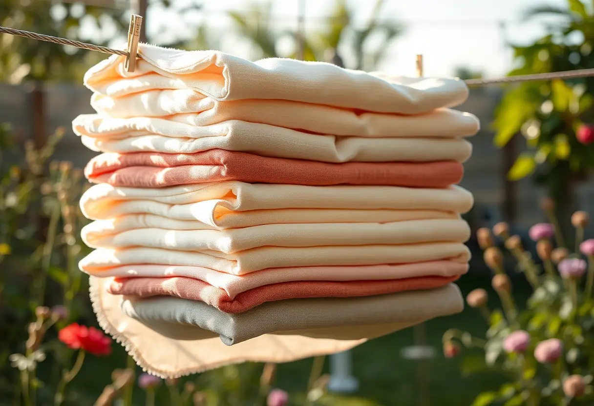 Image principale : Palette de lingettes en tissu pliées séchant sur une corde à linge dans un jardin, sujet des protections menstruelles