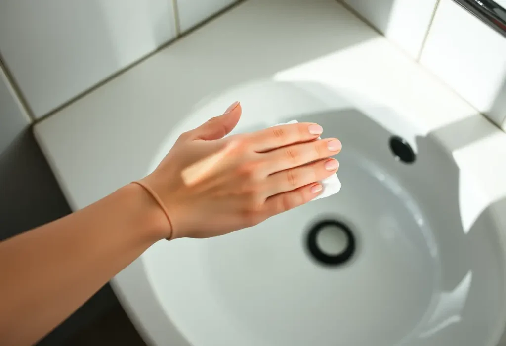 Main focus : une main tenant un tampon en coton près d'un évier