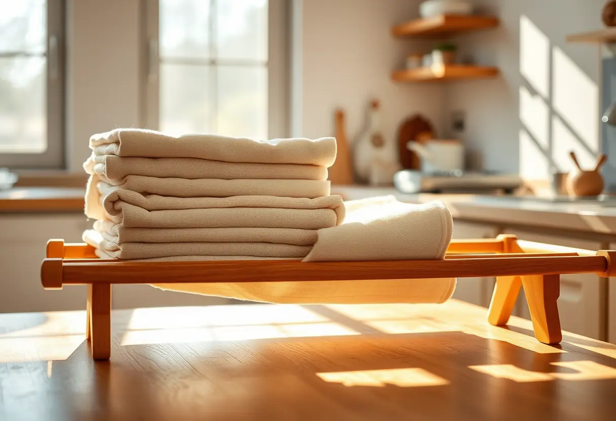 Vue : des serviettes de protection pliées sèchent sur une corde à linge dans une cuisine