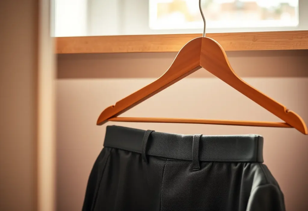 Un cintre en bois dans un placard avec un pantalon plié, éclairé par la lumière du matin