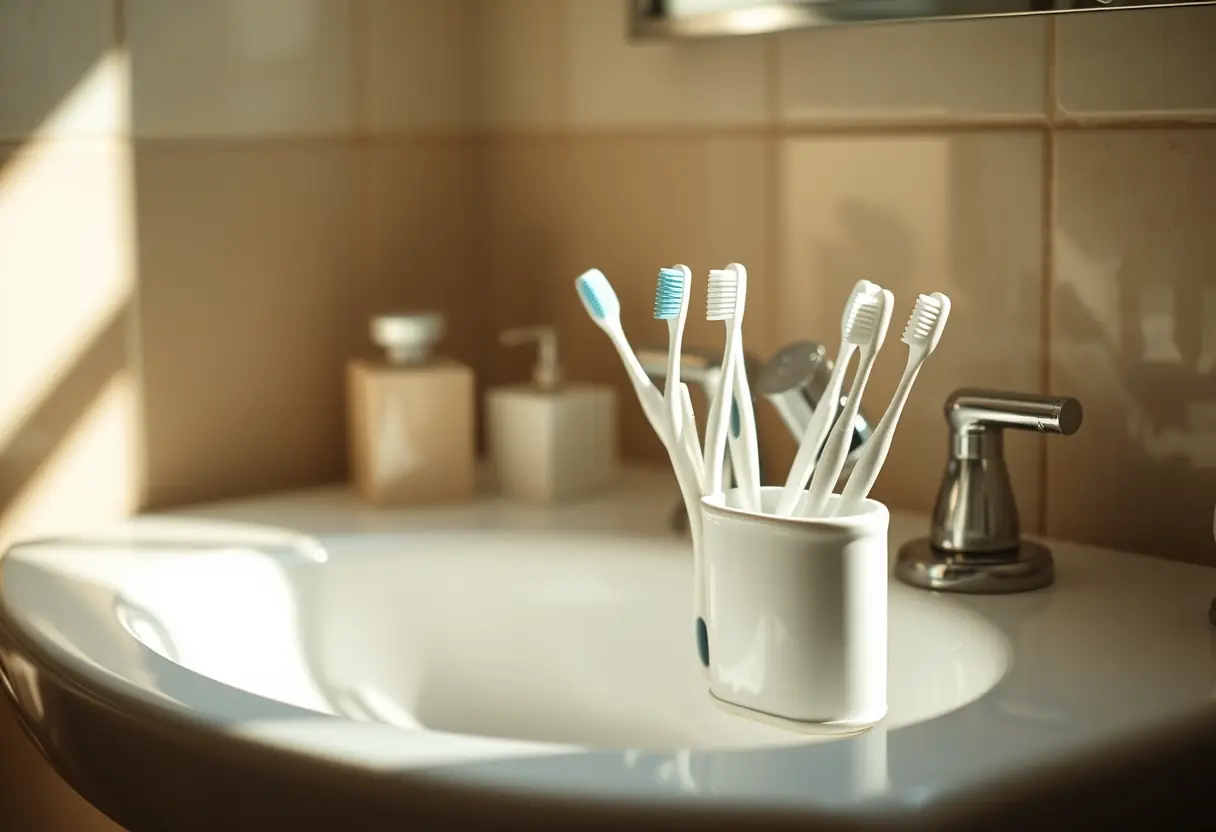 Un meuble de toilette avec un porte-dents en porcelaine, éclairé par la lumière de l'après-midi