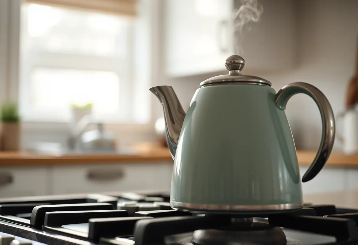 Chaudron à thé sifflant sur une cuisinière bien éclairée, représentant chaleur et confort lors du traitement