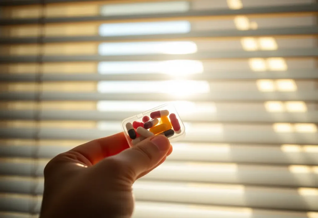 Une main féminine tient un petit boîtier en plastique rempli de comprimés colorés, éclairée par la lumière du soleil filtrant à travers des stores.
