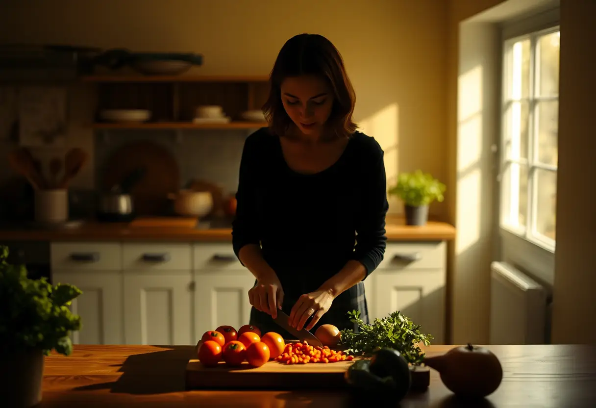 Un profil féminin se tient dans une cuisine, prépare des légumes sur un plan de travail en bois sous une lumière chaude.