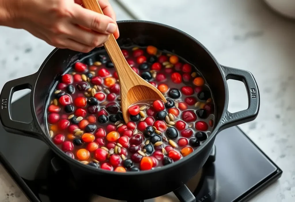 Une main tenant une cuillère en bois en train de mélanger des baies colorées et des graines dans une grande poêle en fonte, illustrant l'alimentation saine