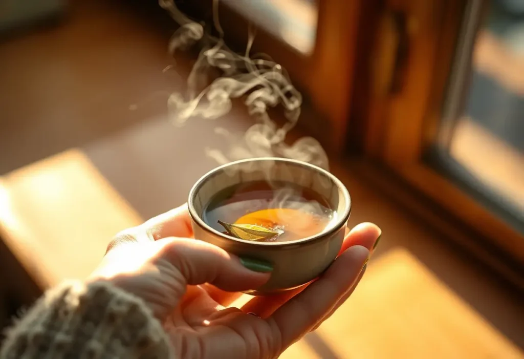 Une main féminine tient une tasse de thé chaud, lumière naturelle