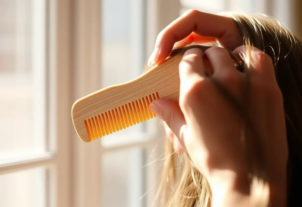 Une main tenant un peigne en bois poli, utilisant-le pour brosser ses cheveux, dans une lumière naturelle.