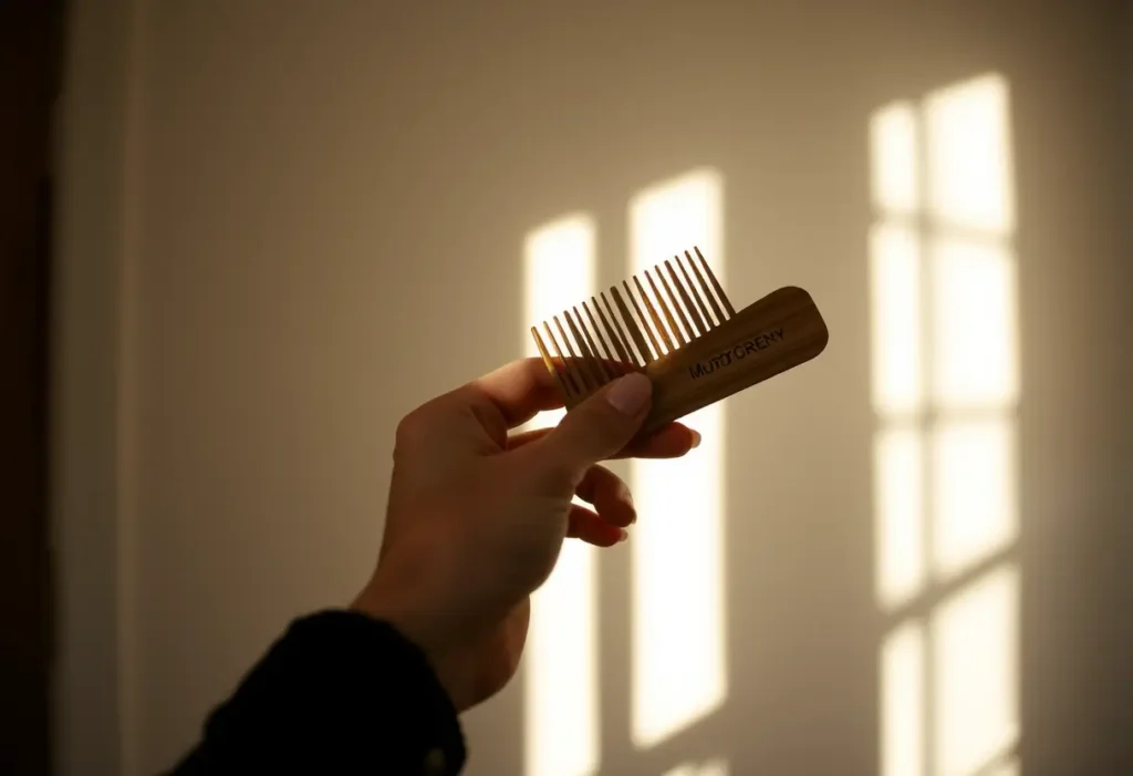 Main de femme tenant un peigne en bois, en train de brosser ses cheveux, bien-être personnel