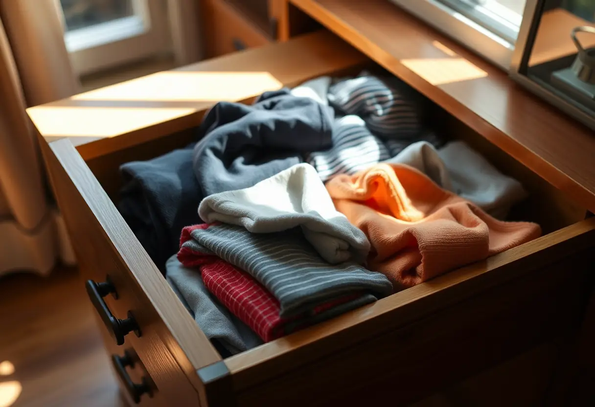 Un tiroir en bois rempli de vêtements soigneusement pliés, symbolisant l'organisation et le bien-être