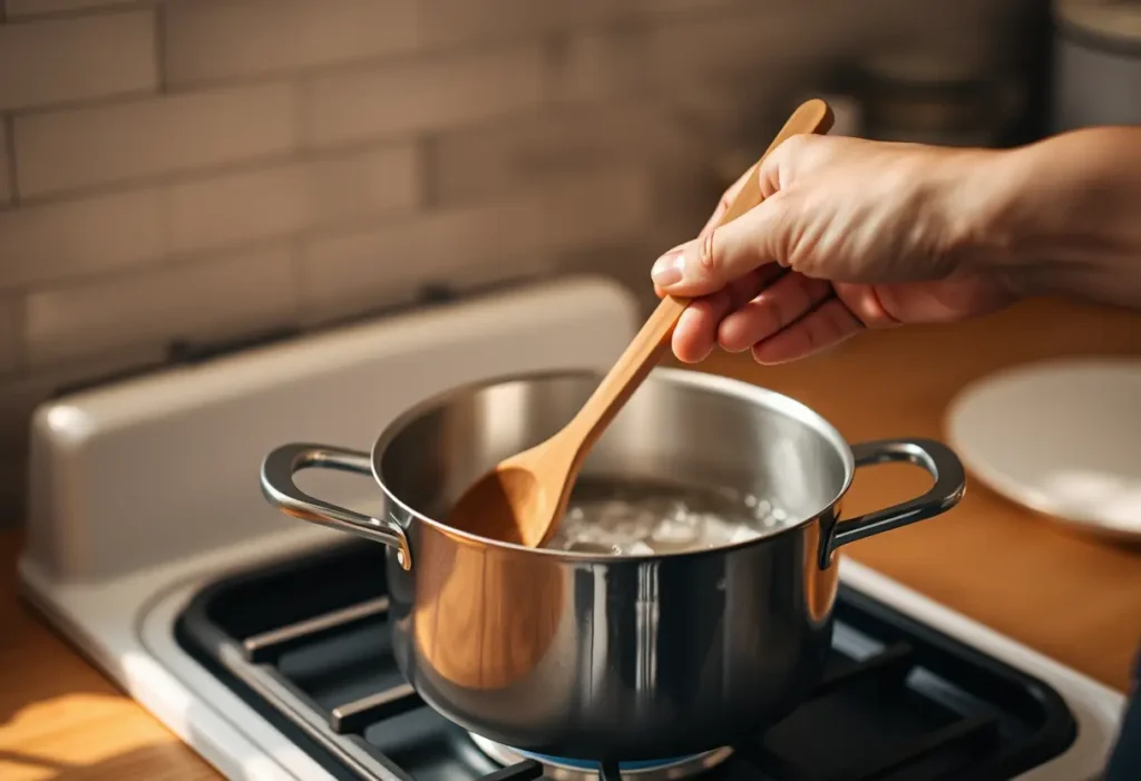Une main féminine tient une cuillère en bois au-dessus d'une casserole, illustration d'un geste apaisant