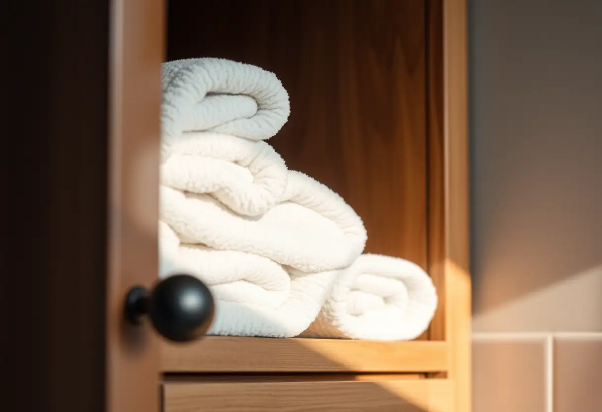 Une porte de placard légèrement ouverte dans une salle de bains, révélant des serviettes pliées