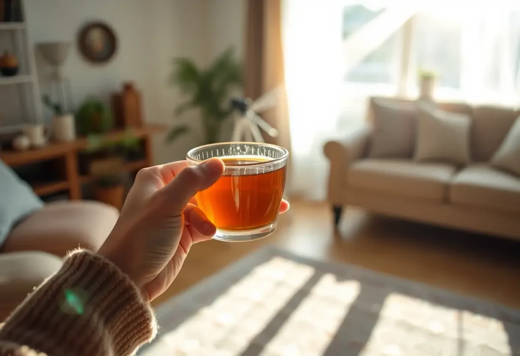 Une main tenant une tasse de thé chaud dans une pièce accueillante, sujet de l’article sur la santé pelvienne