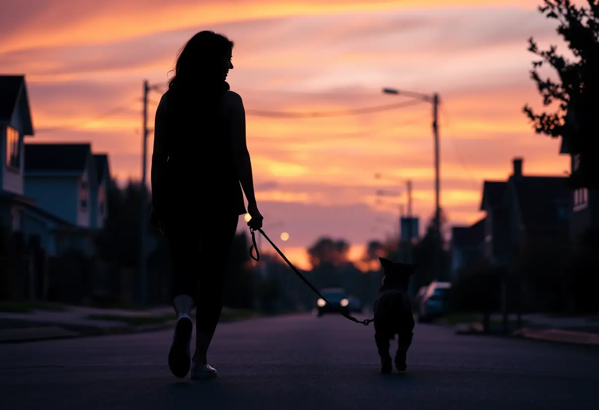 Le profil d'une femme promenant son chien le soir, sujet de l'article sur la prévention du prolapsus